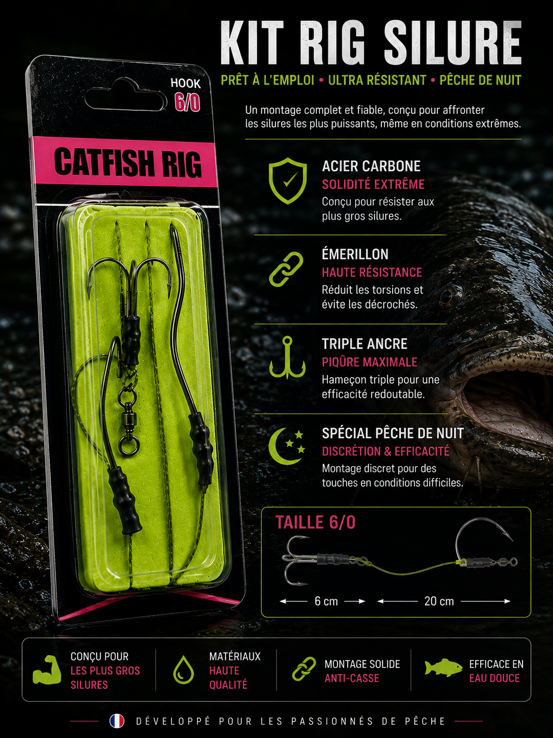Kit de Pêche au Silure - 1 Hameçon Simple Résistant, 1 Triple Ancre, Gaine Anti-Morsure PE (Pêche de Nuit en Eau Douce)