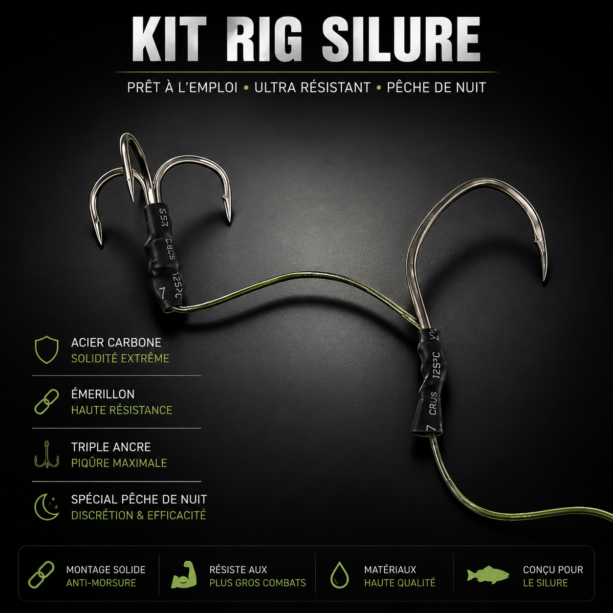 Kit de Pêche au Silure - 1 Hameçon Simple Résistant, 1 Triple Ancre, Gaine Anti-Morsure PE (Pêche de Nuit en Eau Douce)