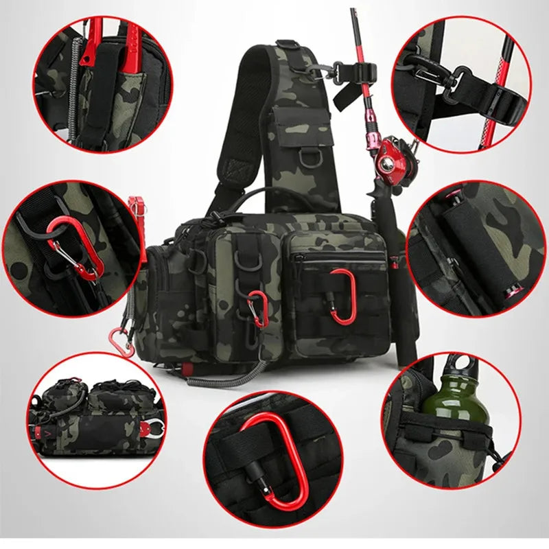 Sac à dos de pêche multifonction – Rangement leurres, porte-canne, bandoulière