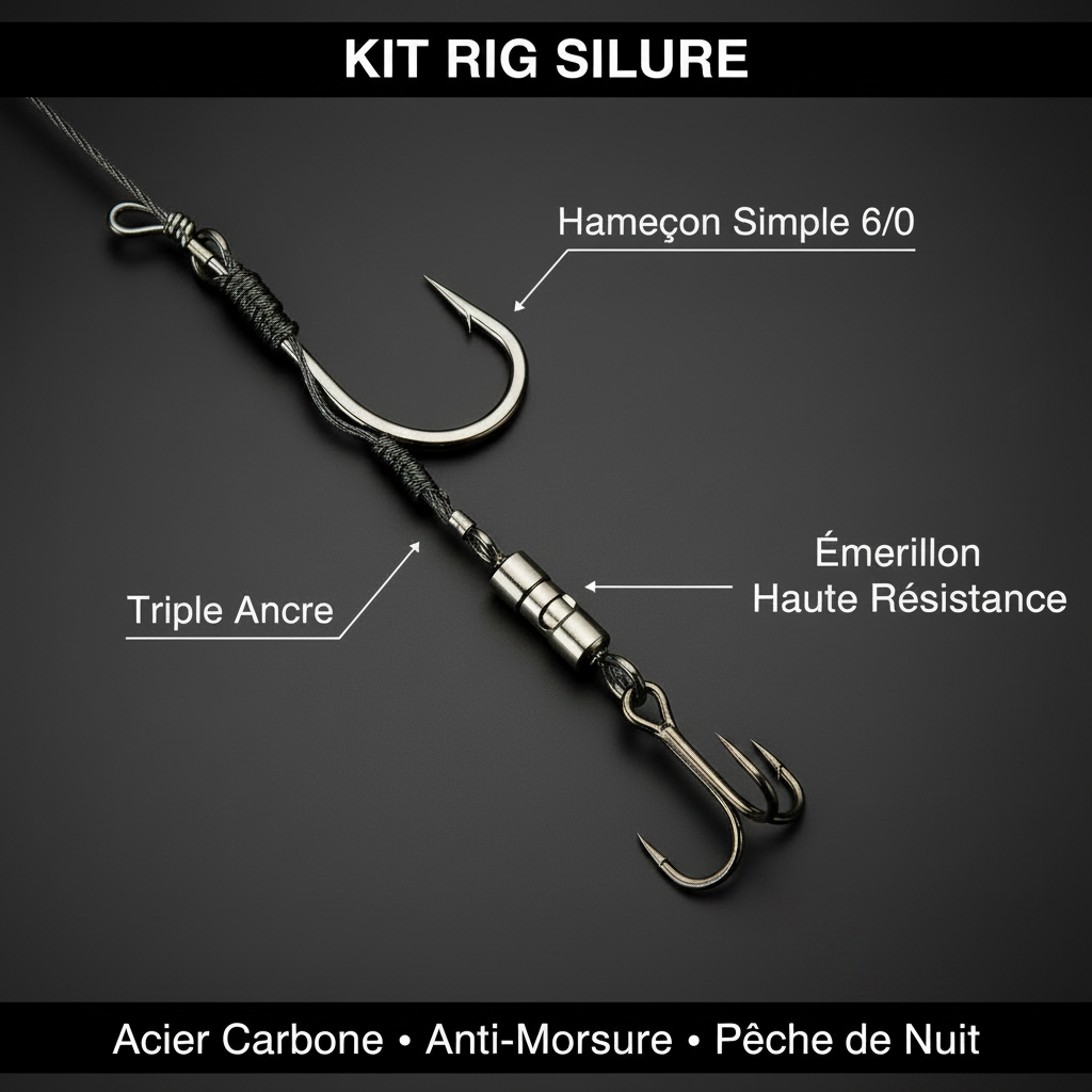 Kit de Pêche au Silure - 1 Hameçon Simple Résistant, 1 Triple Ancre, Gaine Anti-Morsure PE (Pêche de Nuit en Eau Douce)